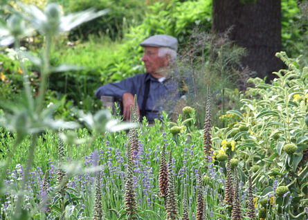 De burgemeester van Aalbeek tussen de mediterrane planten in onze tuin.